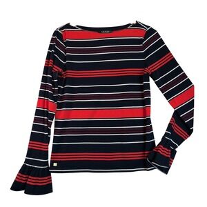 Lauren Ralph Lauren Sz Lg Navy Red Navy Striped Bell Cuff Ruffle Top Old Money
